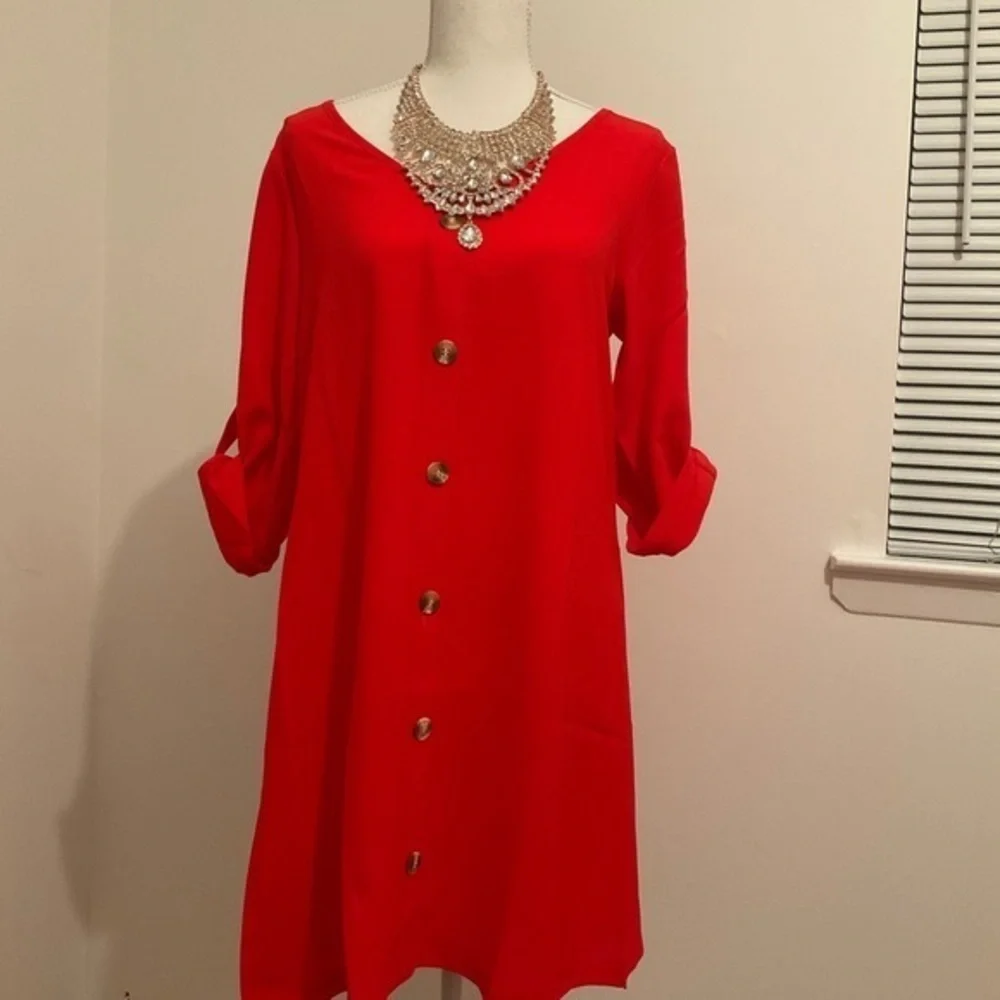 Red half sleeve shirt dress - Picture 5 of 7